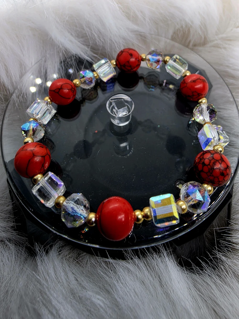 Red Jasper and Crystal Bead Bracelet - Red
